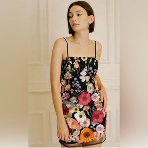 Storia Black Mini Slip Dress with Multicolor 3D Floral Embroidery size M